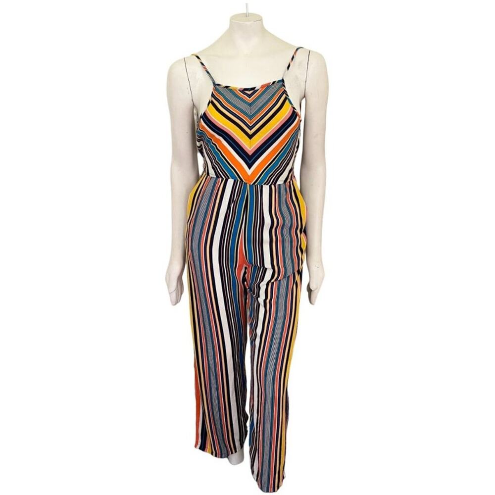 ANGIE Contrasting Stripe Lightweight Jumpsuit Pockets Straight leg  SZ S